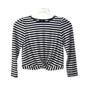 Aqua Girls Striped Long Sleeve Twist Knot Top Large Navy Blue White